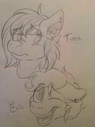 Size: 720x960 | Tagged: safe, artist:millefaller, imported from derpibooru, oc, oc only, earth pony, pony, duo, ear fluff, lineart, one eye closed, open mouth, smiling, traditional art, wink