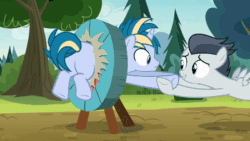 Size: 400x225 | Tagged: safe, edit, edited screencap, imported from derpibooru, screencap, rumble, skeedaddle, pegasus, pony, unicorn, marks and recreation, season 7, animated, butt, buttstuck, cartoon physics, colt, duo, duo male, edited gif, frown, gif, grin, looking at each other, male, nervous, nervous grin, plot, pulling, smiling, stuck, target