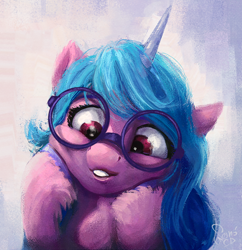 Size: 1200x1240 | Tagged: safe, artist:nemo2d, imported from derpibooru, izzy moonbow, pony, unicorn, spoiler:my little pony: a new generation, bust, cute, female, g5, glasses, hooves on cheeks, izzybetes, looking down, mare, my little pony: a new generation, open mouth, portrait, round glasses, solo, squishy cheeks, unshorn fetlocks