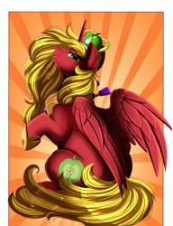 Size: 2850x3709 | Tagged: safe, artist:pridark, imported from derpibooru, big macintosh, alicorn, pony, alicornified, apple, bigmacicorn, crown, food, high res, horse collar, jewelry, looking at you, male, missing freckles, princess big mac, race swap, regalia, sitting, smiling, smiling at you, solo, spread wings, stallion, wings
