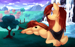 Size: 1382x864 | Tagged: safe, artist:scarlet-spectrum, artist:scarlett-sketches, imported from derpibooru, oc, oc only, oc:silver veil, bat pony, pony, bat pony oc, bridge, giant pony, horns, lake, macro, mountain, mountain range, scenery, sky, slim, solo, swing, tire swing, tree, waterfall