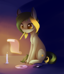 Size: 1242x1430 | Tagged: safe, artist:dusthiel, imported from derpibooru, oc, oc only, oc:dust wind, earth pony, pony, candle, cd, floppy disk, male, mouth hold, paper, pencil, ponytober, solo, stallion