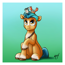 Size: 3200x3200 | Tagged: safe, artist:supermoix, imported from derpibooru, hitch trailblazer, bird, crab, earth pony, pony, seagull, spoiler:my little pony: a new generation, critter magnet, cute, digital art, g5, high res, hitchbetes, kenneth, looking up, male, mcsnips-a-lot, my little pony: a new generation, pet, simple background, solo, stallion