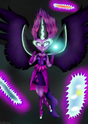 Size: 1000x1400 | Tagged: safe, artist:kittydazzling, imported from derpibooru, sci-twi, twilight sparkle, equestria girls, friendship games, female, flying, glowing, grin, midnight sparkle, portal, simple background, smiling, solo, wings