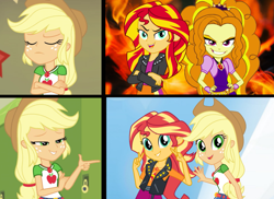 Size: 1815x1320 | Tagged: safe, imported from derpibooru, adagio dazzle, applejack, sunset shimmer, equestria girls, equestria girls (movie), equestria girls series, holidays unwrapped, rainbow rocks, spoiler:eqg series (season 2), appleshimmer, crossed arms, eyes closed, female, fiery shimmer, hotline bling, lesbian, meme, shipping