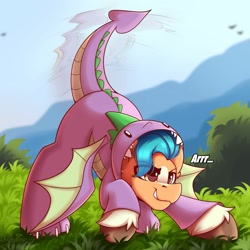 Size: 2000x2000 | Tagged: safe, artist:shadowreindeer, imported from derpibooru, hitch trailblazer, earth pony, pony, clothes, costume, cute, g5, grass, growling, high res, hilarious in hindsight, hitchbetes, implied spike, kigurumi, male, solo, stallion, tail, tail wag