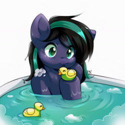 Size: 1280x1276 | Tagged: safe, artist:pledus, imported from derpibooru, oc, oc only, bird, duck, earth pony, pony, bathtub, commission, solo, water, wet, ych result