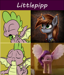 Size: 1547x1807 | Tagged: safe, artist:pony-berserker edits, artist:setharu, edit, edited screencap, imported from derpibooru, screencap, pipp petals, spike, oc, oc:littlepip, dragon, pegasus, pony, unicorn, fallout equestria, spoiler:my little pony: a new generation, blood, cursed image, female, g5, hotline bling, male, mare, meme, my little pony: a new generation, namesake, not salmon, pipp is short, pippasprite, pun, visual pun, wat, winged spike, wings