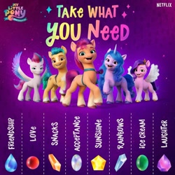 Size: 1200x1200 | Tagged: safe, imported from derpibooru, hitch trailblazer, izzy moonbow, pipp petals, sunny starscout, zipp storm, earth pony, pegasus, pony, unicorn, spoiler:g5, spoiler:my little pony: a new generation, blue mane, bracelet, crystal, eyebrows, female, g5, horn, jewelry, long mane, male, mane five (g5), mare, my little pony: a new generation, my little pony: a new generation logo, netflix logo, official, open mouth, open smile, raised hoof, shadow, smiling, spread wings, stallion, standing, tail, text, unshorn fetlocks, wings