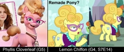 Size: 1870x796 | Tagged: safe, imported from derpibooru, screencap, bigger jim, lemon chiffon, plunkett, earth pony, pony, fame and misfortune, comparison, female, g5, glasses, jewelry, male, mare, my little pony: a new generation, necklace, pearl necklace, phyllis cloverleaf, stallion