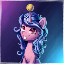 Size: 1024x1024 | Tagged: safe, artist:adagiostring, imported from derpibooru, izzy moonbow, pony, unicorn, spoiler:my little pony: a new generation, ball, bust, cute, female, fluffy, g5, mare, my little pony: a new generation, portrait, smiling, solo, tennis ball