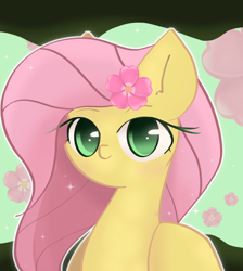 Size: 1300x1450 | Tagged: safe, artist:miryelis, imported from derpibooru, fluttershy, pegasus, pony, bust, cute, flower, flower in hair, shyabetes, solo, wrong eye color