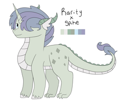 Size: 1897x1598 | Tagged: safe, artist:lazyy-llama, imported from derpibooru, oc, oc only, oc:emerald, dracony, hybrid, unicorn, hair over one eye, horns, interspecies offspring, male, offspring, parent:rarity, parent:spike, parents:sparity, simple background, solo, white background