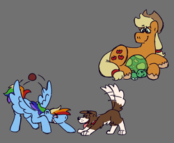 Size: 1072x884 | Tagged: safe, alternate version, artist:tezzbot, imported from derpibooru, applejack, rainbow dash, tank, winona, dog, earth pony, pegasus, pony, tortoise, appledash, applejack's hat, ball, colored hooves, cowboy hat, female, gray background, hat, lesbian, missing freckles, shipping, simple background, unshorn fetlocks