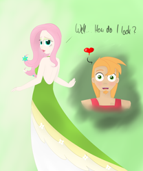 Size: 3984x4794 | Tagged: safe, artist:kaleysia, imported from derpibooru, big macintosh, fluttershy, human, absurd resolution, backless, backless dress, beard, bedroom eyes, blushing, clothes, dialogue, dress, facial hair, female, floating heart, flower, flower in hair, fluttermac, gala dress, heart, humanized, looking back, male, open mouth, open smile, shipping, smiling, straight, talking