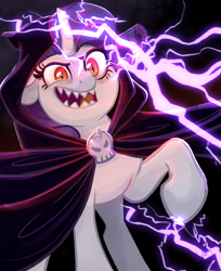 Size: 2365x2894 | Tagged: safe, artist:whalepornoz, imported from derpibooru, rarity, pony, unicorn, spoiler:my little pony: a new generation, darth sidious, emperor palpatine, evil rarity, female, fry brains, g5, high res, lightning, mare, my little pony: a new generation, possessed, raised hoof, red eyes, sharp teeth, solo, sproutity, star wars, star wars: revenge of the sith, teeth, unlimited power