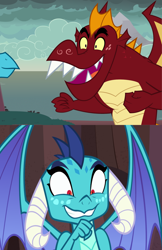 Size: 1320x2040 | Tagged: safe, artist:queencold, edit, imported from derpibooru, garble, princess ember, dragon, amused, comparison, dragon lord ember, dragoness, duo, emble, faic, female, male, smiling