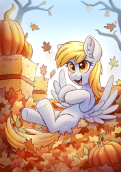 Size: 2480x3508 | Tagged: safe, artist:dandy, imported from derpibooru, derpy hooves, pegasus, pony, autumn, commission, derp, ear fluff, female, hay bale, high res, leaf pile, leaves, mare, open mouth, pumpkin, solo, wings