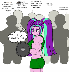 Size: 854x890 | Tagged: safe, artist:matchstickman, editor:dinoknight12, imported from derpibooru, aria blaze, equestria girls, aria brute, bicep, clothes, dumbbell (object), female, muscles, muscular female, shorts, smiling, sports bra, sports shorts, thought bubble, weights, workout