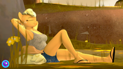 Size: 3840x2160 | Tagged: safe, artist:pootanger_sfm, imported from derpibooru, applejack, anthro, earth pony, plantigrade anthro, 3d, breasts, busty applejack, clothes, daisy dukes, eyes closed, feet, flip-flops, high res, lying down, midriff, outdoors, relaxing, shorts, sleeping, solo, source filmmaker