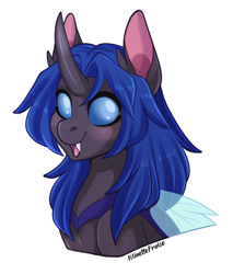 Size: 2732x3200 | Tagged: safe, artist:minettefraise, imported from derpibooru, oc, oc only, oc:swift dawn, changeling, blue changeling, bust, changeling oc, changeling wings, commission, cute, fangs, high res, horn, looking at you, male, ocbetes, open mouth, signature, simple background, smiling, solo, transparent wings, white background, wings