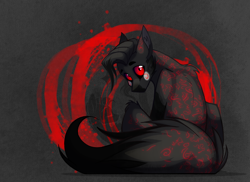 Size: 1940x1409 | Tagged: safe, artist:alrumoon_art, imported from derpibooru, oc, oc only, earth pony, pony, abstract background, looking at you, looking back, looking back at you, red eyes, solo