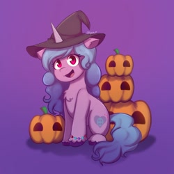 Size: 1920x1920 | Tagged: safe, artist:splatturp, imported from derpibooru, izzy moonbow, pony, unicorn, backwards cutie mark, bracelet, chest fluff, g5, halloween, hat, holiday, jewelry, my little pony: a new generation, open mouth, pumpkin, witch hat