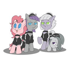 Size: 2279x1883 | Tagged: safe, artist:happy harvey, imported from derpibooru, limestone pie, marble pie, maud pie, pinkie pie, earth pony, pony, bow, clothes, collar, colored pupils, dress, looking up, maid, maid headdress, phone drawing, pie sisters, pinkie maid, siblings, simple background, sisters, sitting, standing, transparent background, uniform