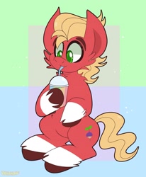 Size: 1647x1997 | Tagged: safe, artist:saveraedae, imported from derpibooru, sprout cloverleaf, earth pony, pony, cheek fluff, cute, drink, drinking, g5, happy, male, my little pony: a new generation, shoulder fluff, smoothie, solo, sproutbetes, stallion, straw
