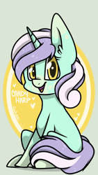 Size: 720x1280 | Tagged: safe, artist:lisaartista365, imported from derpibooru, oc, oc only, oc:candy harp, pony, unicorn, female, looking at you, magical lesbian spawn, mare, offspring, parent:bon bon, parent:lyra heartstrings, parents:lyrabon, sitting, smiling, smiling at you, solo