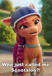 Size: 342x496 | Tagged: safe, derpibooru exclusive, edit, edited screencap, imported from derpibooru, screencap, sunny starscout, earth pony, pony, spoiler:my little pony: a new generation, annoyed, caption, cropped, female, g5, helmet, image macro, implied scootaloo, mare, meme, my little pony: a new generation, solo, sunny starscout is not amused, text