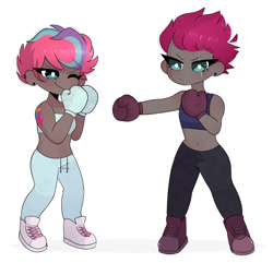 Size: 1020x982 | Tagged: safe, artist:arwencuack, imported from derpibooru, tempest shadow, zipp storm, human, boxing gloves, commission, cute, dark skin, duo, g5, humanized, mma, original style, white pupils