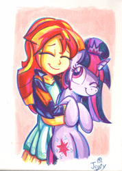 Size: 2491x3496 | Tagged: safe, alternate version, artist:jowyb, imported from derpibooru, sunset shimmer, twilight sparkle, alicorn, pony, equestria girls, cute, duo, eyes closed, high res, holding a pony, hug, hugging a pony, one eye closed, shimmerbetes, smiling, twiabetes, twilight sparkle (alicorn)