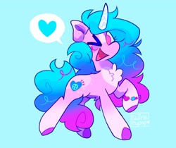 Size: 2048x1719 | Tagged: safe, artist:swirlseypop, imported from derpibooru, izzy moonbow, pony, unicorn, ;d, blue background, bracelet, chest fluff, g5, jewelry, my little pony: a new generation, one eye closed, open mouth, open smile, raised hoof, simple background, smiling, solo, wink