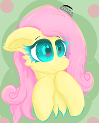 Size: 2305x2851 | Tagged: safe, artist:vinca, imported from derpibooru, fluttershy, pegasus, pony, bust, cheek fluff, chest fluff, colored eyelashes, colored pupils, female, floppy ears, high res, hoof on chin, mare, portrait, smiling, solo, three quarter view