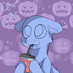 Size: 1439x1439 | Tagged: safe, artist:bluemoon, imported from derpibooru, oc, bat pony, pony, commission, fangs, halloween, holiday, nightmare night, soda, solo, ych example, your character here
