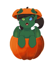Size: 2480x3508 | Tagged: safe, artist:backgroundpony#f352, imported from derpibooru, oc, oc only, oc:anti, bat pony, pony, bat pony oc, bat wings, commission, cute, cute little fangs, eyes open, fangs, fluffy, halloween, halloween 2021, heterochromia, high res, holiday, male, open mouth, pumpkin, simple background, solo, stallion, transparent background, wings, ych result, your character here