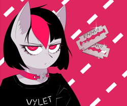 Size: 1790x1506 | Tagged: safe, artist:owlnon, imported from derpibooru, oc, oc only, oc:miss eri, semi-anthro, black and red mane, choker, frown, implied self harm, razor blade, solo, two toned mane