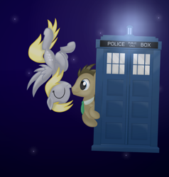 Size: 2000x2100 | Tagged: safe, artist:candy meow, imported from derpibooru, derpy hooves, doctor whooves, time turner, earth pony, pegasus, pony, boop, digital art, doctor who, doctorderpy, duo, eyes closed, female, flying, high res, male, mane, mare, necktie, noseboop, shipping, smiling, space, space background, spread wings, stallion, straight, tail, tardis, the doctor, upside down, wings