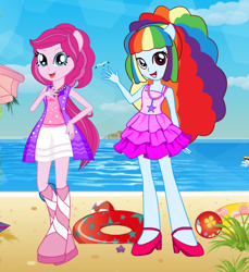 Size: 436x477 | Tagged: safe, imported from derpibooru, pinkie pie, rainbow dash, bird, human, seagull, equestria girls, beach, beach ball, beach towel, beach umbrella, clothes, dress, dressup, dressup game, eqg promo pose set, fashion, floaty, gameskids.com, hairstyle, high heels, jewelry, looking at you, necklace, ocean, open mouth, ponied up, sand, shoes, umbrella