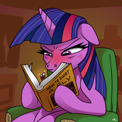 Size: 4500x4500 | Tagged: safe, artist:docwario, imported from derpibooru, twilight sparkle, alicorn, fly, insect, pony, absurd resolution, angry, armchair, book, book title humor, chair, cross-popping veins, ears back, female, floppy ears, glare, indoors, looking at something, mare, sitting, solo, twilight sparkle (alicorn), twitober