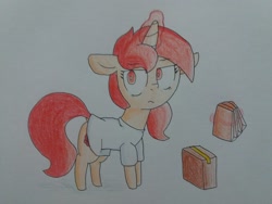 Size: 2064x1548 | Tagged: safe, artist:cherro, imported from derpibooru, oc, oc only, oc:poppy seed, pony, unicorn, clothes, groceries, magic, shirt, solo, telekinesis, traditional art