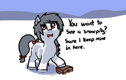 Size: 846x540 | Tagged: safe, artist:neuro, imported from ponybooru, oc, oc only, earth pony, pony, /mlp/, bow, briefcase, coat markings, dialogue, female, filly, fluffy, hair bow, looking up, open mouth, question, smiling, snow, snowpity, snowpony (species), solo, suitcase, taiga pony, tail, tail bow, talking to viewer, unshorn fetlocks, yakutian horse