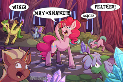 Size: 1280x854 | Tagged: safe, artist:littletigressda, imported from derpibooru, pinkie pie, oc, earth pony, pony, unicorn, spoiler:my little pony: a new generation, bing bong, bridlewood, bridlewood forest, food, forest, g5, generation leap, mayonnaise, my little pony: a new generation, pinkie being pinkie, sauce, time travel