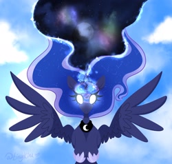 Size: 2048x1947 | Tagged: safe, artist:tinykiru, imported from derpibooru, princess luna, alicorn, pony, cloud, female, flying, galaxy, glowing, glowing eyes, hooves to the chest, magic, magic aura, mare, planet, ponytober, sky, solo, space, spread wings, stars, wings