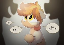 Size: 2064x1457 | Tagged: safe, artist:mochi_nation, imported from derpibooru, oc, oc only, oc:flame egg, earth pony, pony, coat markings, dialogue, female, japanese, mare, silhouette, solo focus, speech bubble, translated in the comments, trio