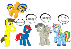 Size: 1280x880 | Tagged: safe, artist:johnnybro288, imported from derpibooru, oc, oc only, oc:flare spark, oc:johnny, oc:nico, oc:shield wing, oc:train track, alicorn, earth pony, pegasus, pony, bing bong, bipedal, food, g5, mayonnaise, meme, my little pony: a new generation, sauce