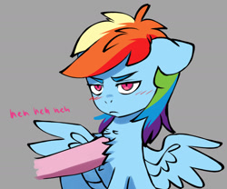 Size: 1626x1350 | Tagged: safe, artist:chub-wub, imported from derpibooru, pinkie pie, rainbow dash, earth pony, pegasus, pony, blushing, chest fluff, duo, female, gray background, mare, ponytober, rainbow dash is not amused, simple background, solo focus, unamused
