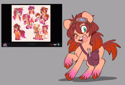 Size: 3700x2512 | Tagged: safe, artist:chub-wub, artist:imalou, imported from derpibooru, sunny starscout, earth pony, pony, spoiler:my little pony: a new generation, alternate design, alternate hairstyle, bag, chipped tooth, coat markings, colored hooves, concept art, cute, female, freckles, g5, goggles, gray background, high res, mare, markings, my little pony: a new generation, one eye closed, raised hoof, simple background, socks (coat markings), solo, sunnybetes, unshorn fetlocks, wink