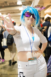 Size: 3168x4752 | Tagged: safe, artist:airbear101, artist:xen photography, imported from derpibooru, dj pon-3, vinyl scratch, human, anime boston, anime boston 2013, clothes, cosplay, costume, hand on hip, irl, irl human, peace sign, photo